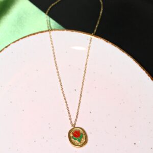 Scarlet Bloom – Enamel Floral Pendant Necklace in Gold Finish